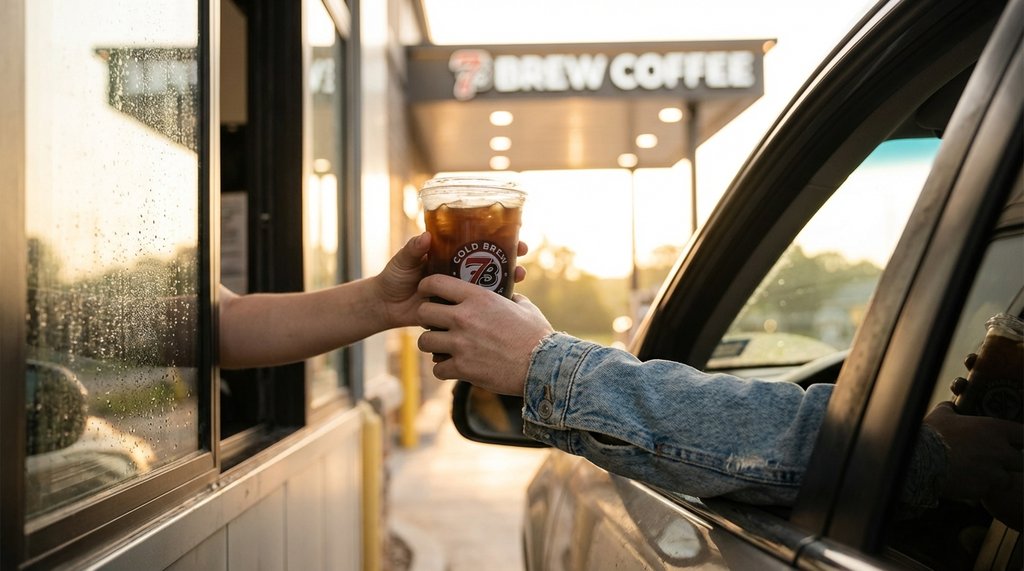 Early morning drive-through coffee order at 7 Brew