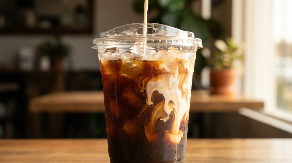 Iced Americano with heavy cream and hazelnut syrup