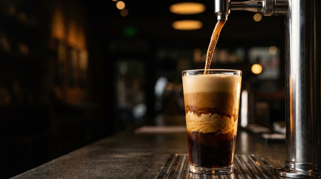 Nitro cold brew coffee being poured into a glass