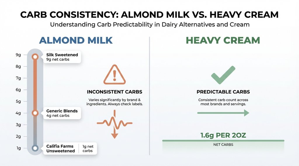 Infographic showing almond milk carb variability vs heavy cream reliability