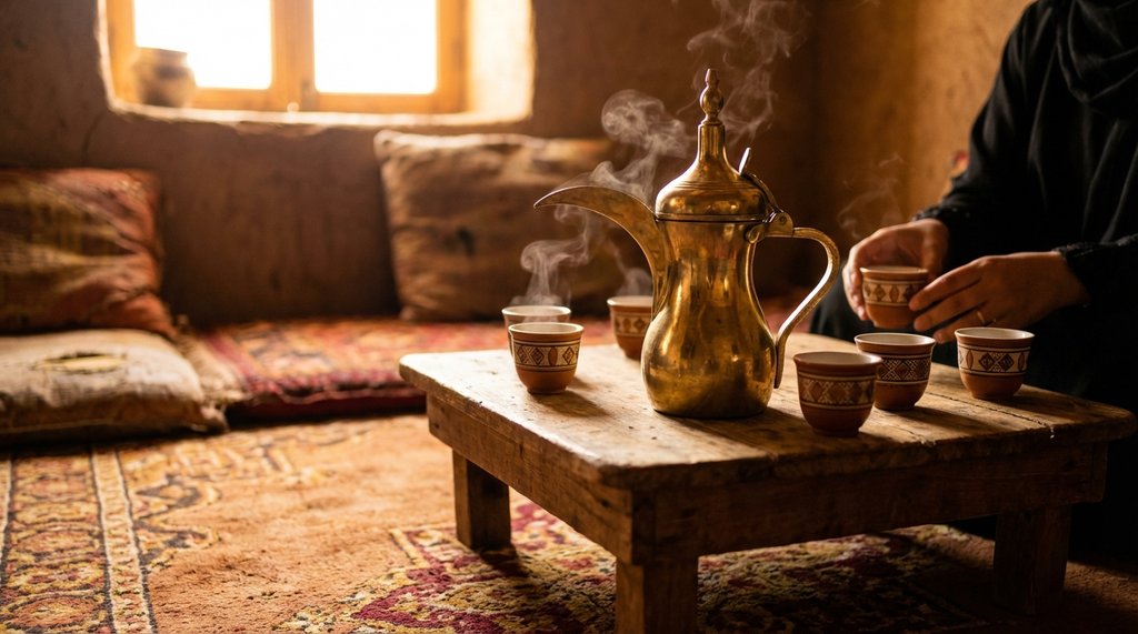Traditional Yemeni coffee service in a home setting