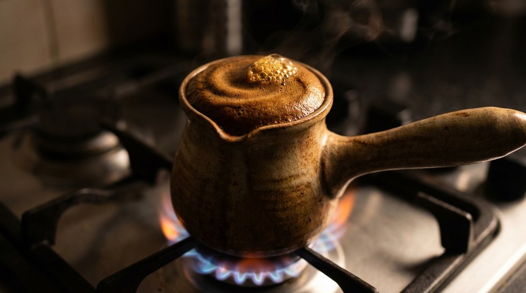 Close-up of coffee foam rising in an ibrik on a stovetop