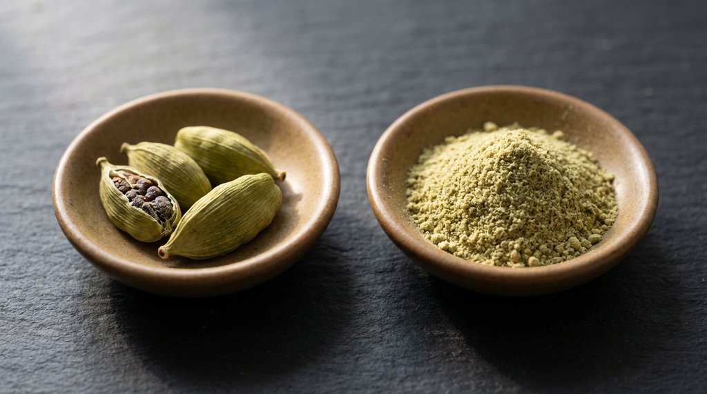 Comparison of fresh cardamom pods versus pre-ground cardamom powder