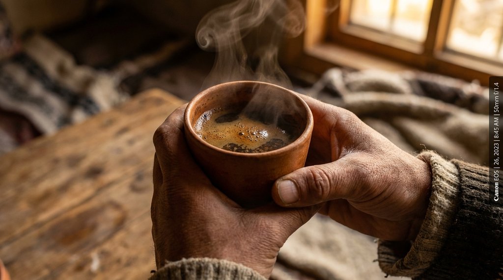 A finished cup of Yemeni spiced coffee in a thick ceramic cup held in two hands