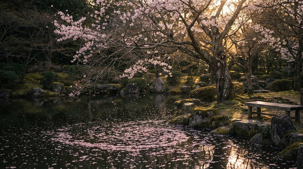 Cherry blossoms falling over a quiet Japanese garden at dusk, evoking mono no aware