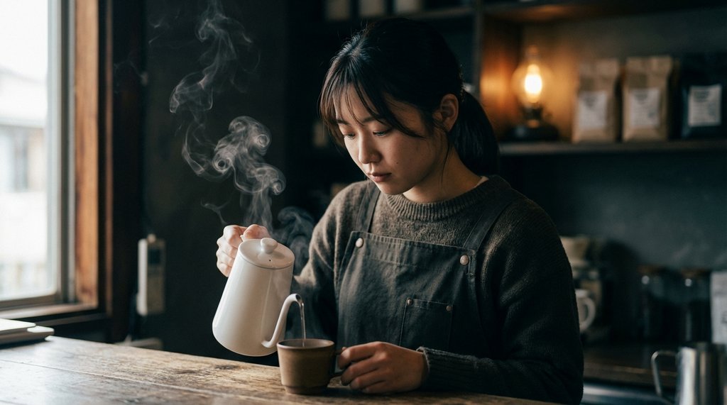 A young Japanese woman in traditional café attire pouring coffee in a quiet, candlelit room