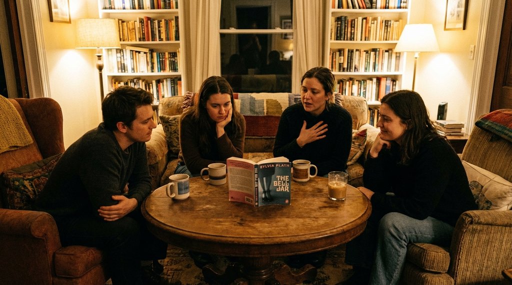 A small book club gathered around a table with coffee and an open novel at night