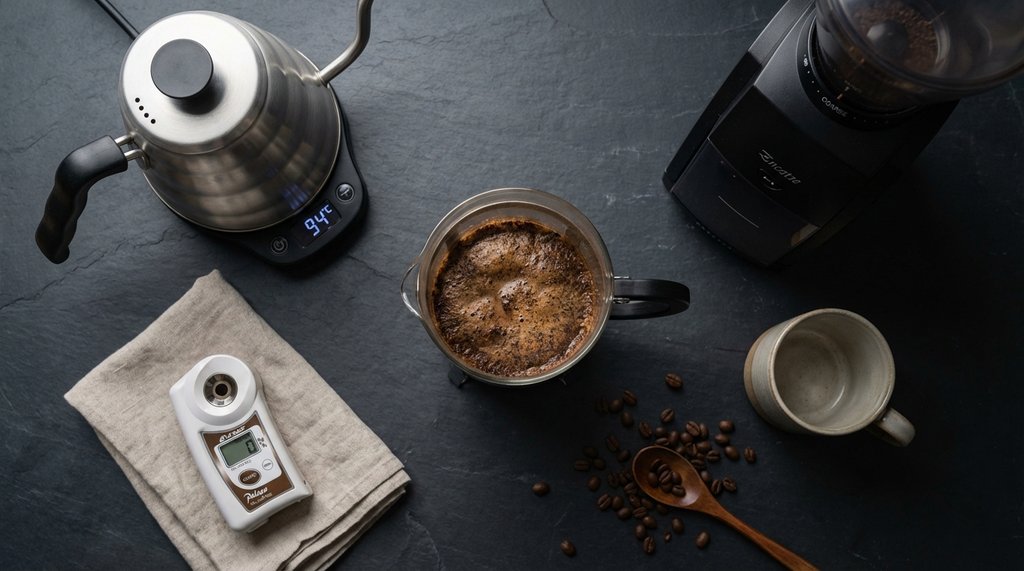 French press brewing setup with refractometer and grinder
