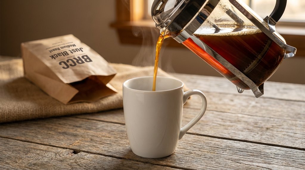 Just Black medium roast coffee in a French press, close-up cup pour