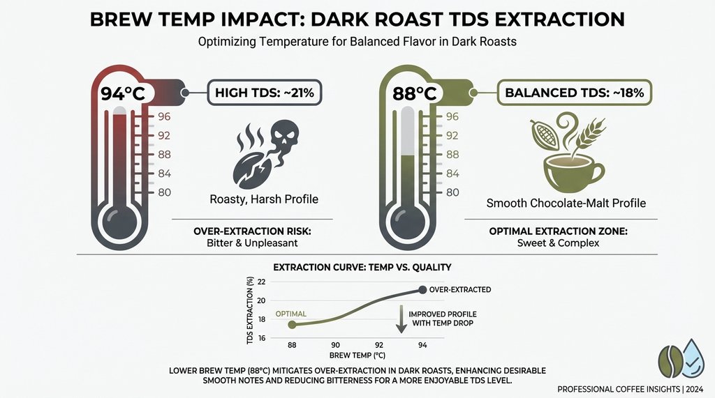 Infographic showing temperature effect on dark roast TDS extraction