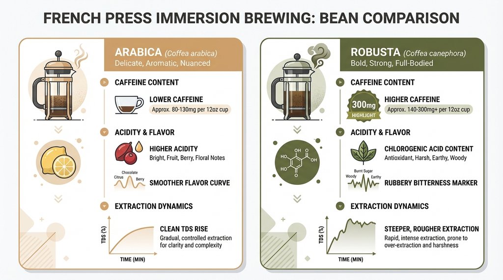 Arabica vs Robusta bean comparison infographic for French press extraction