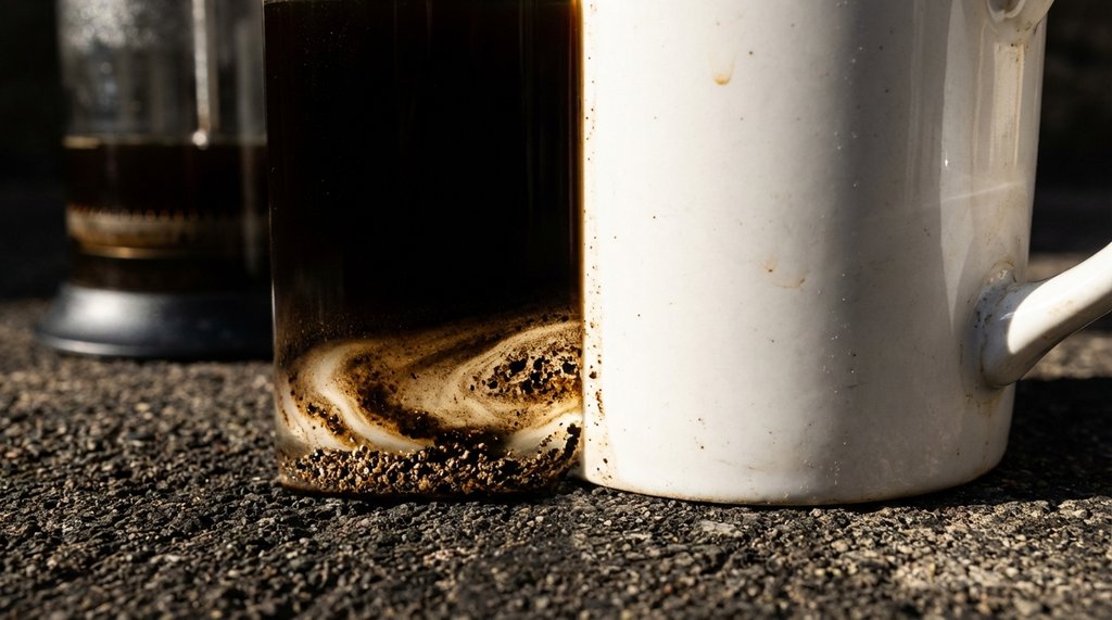 Close-up of heavy coffee sediment in the bottom of a French press cup