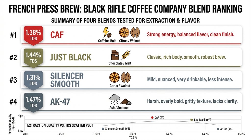 Ranked comparison infographic of 4 BRCC blends by TDS and flavor quality