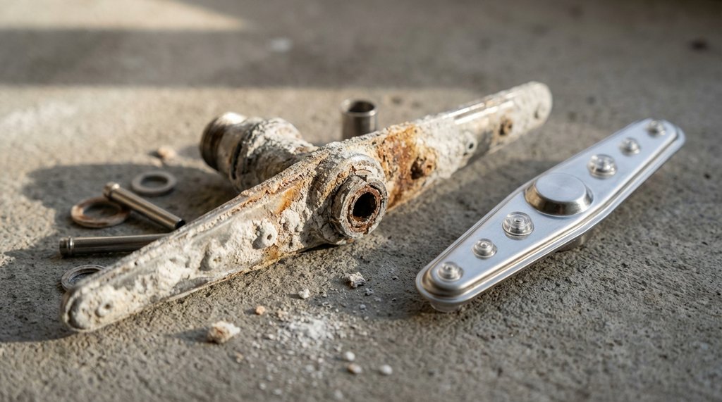 Calcified coffee maker spray arm with severe mineral buildup