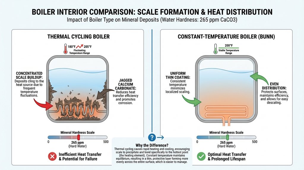 Side-by-side scale deposit comparison between thermal cycling and constant-temperature boiler interiors