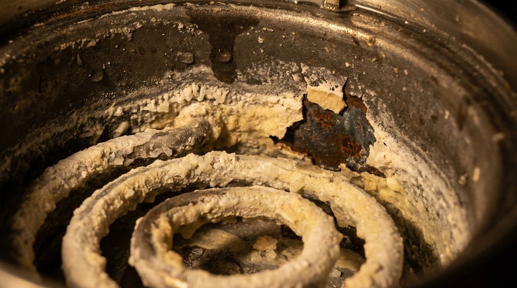 Hard water scale buildup inside a coffee machine boiler