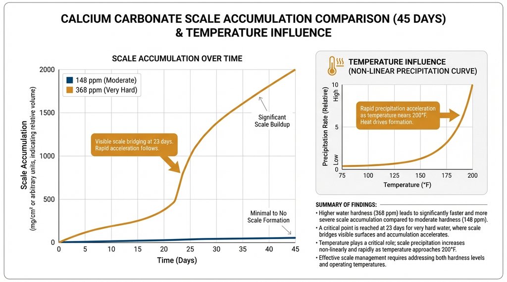 Infographic comparing scale formation rates at different water hardness levels