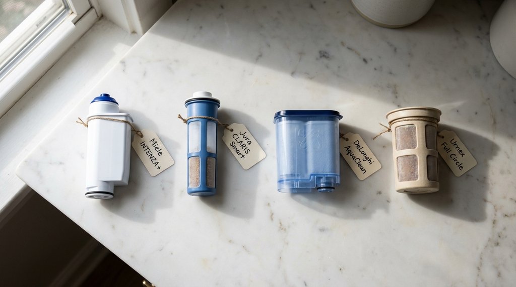 Flat lay of premium coffee machine filter cartridges on a kitchen counter