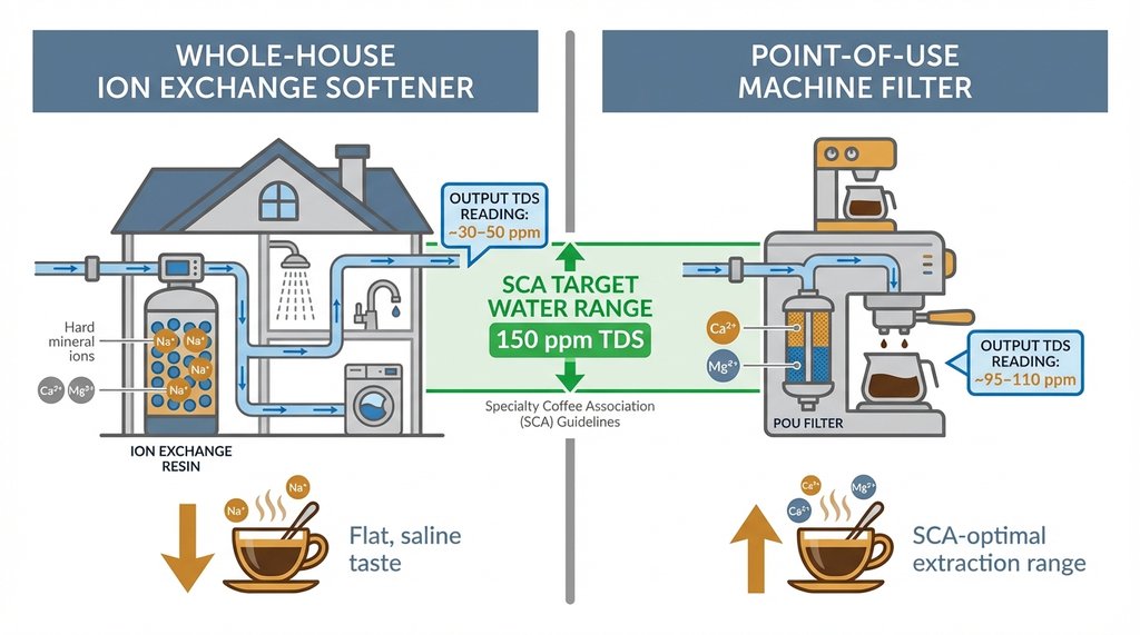 Infographic comparing whole-house water softener vs point-of-use coffee machine filter for coffee quality