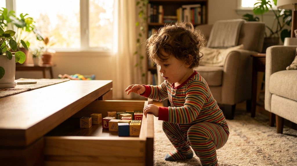 Toddler reaching into coffee table drawer filled with colorful toys