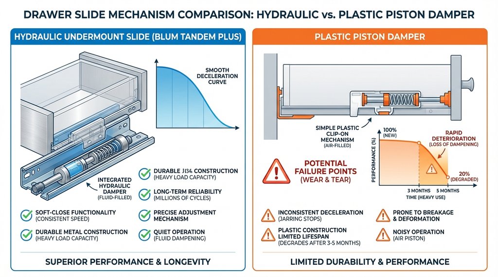 Infographic comparing hydraulic undermount drawer slide vs cheap plastic piston damper