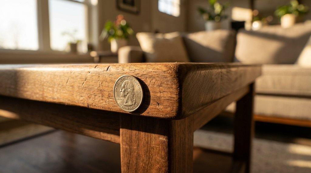 Close-up of coffee table edge with US quarter coin held against it for radius comparison