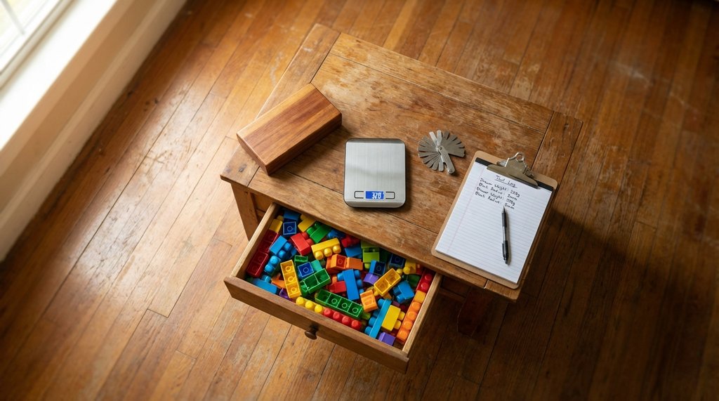 Overhead view of coffee table durability testing setup with toys, scale, and notes