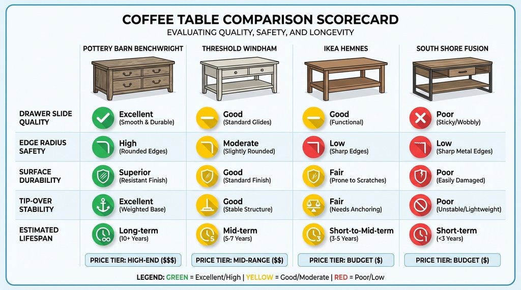 Comparison infographic of four coffee tables rated on toddler safety criteria