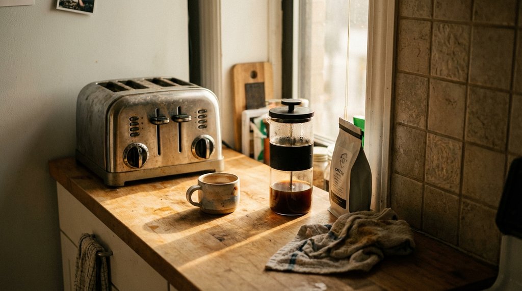 Studio apartment kitchen counter with coffee equipment