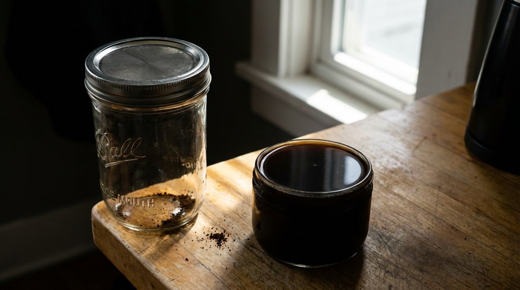 Wide-mouth mason jar cold brew setup with fine-mesh filter lid