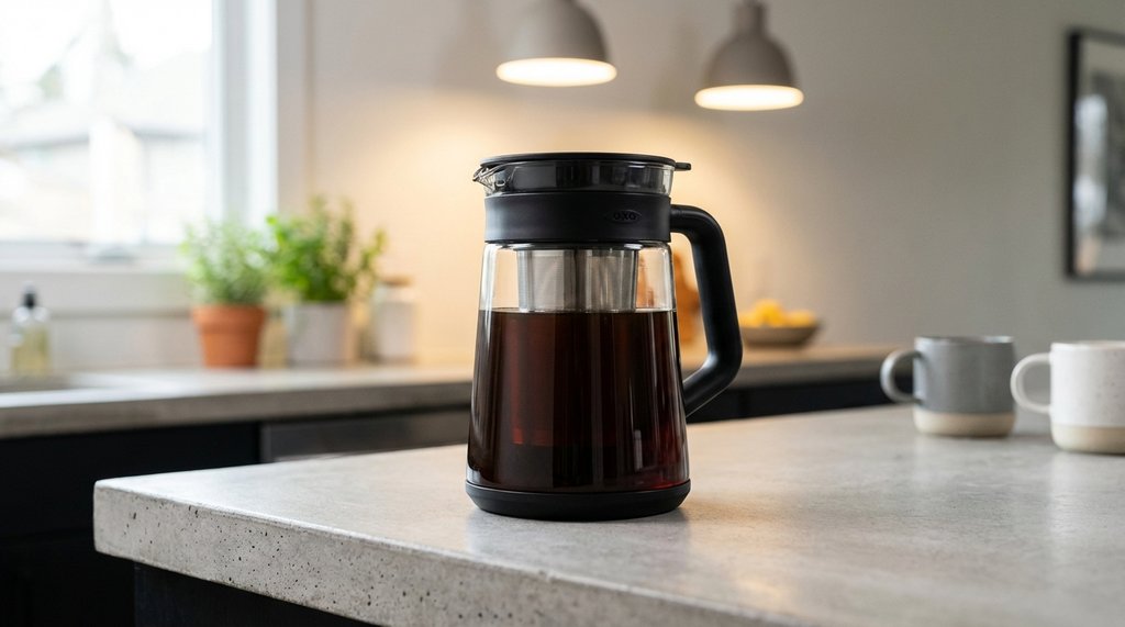 OXO Brew Compact Cold Brew Coffee Maker on a kitchen counter