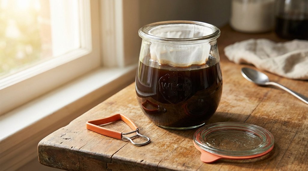Weck 745 tulip jar with cold brew filter bag on a kitchen counter