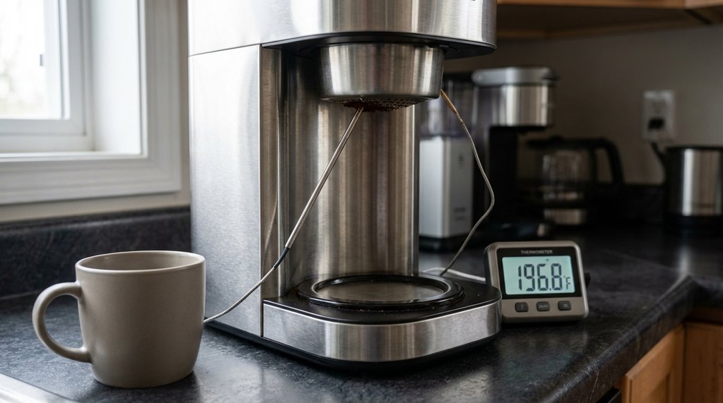 Thermocouple probe testing a drip coffee maker showerhead