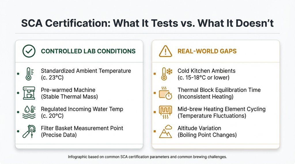 Infographic showing SCA certification test conditions versus real-world brewing variables