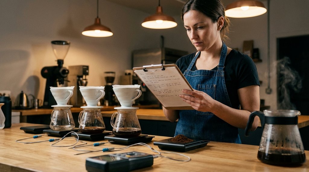 Specialty coffee professional reviewing brew data notes beside multiple drip coffee makers on a testing bench