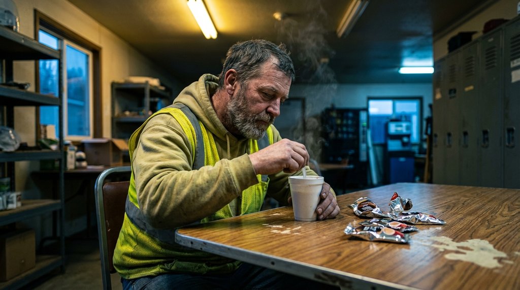 Night shift worker making instant coffee at 3am