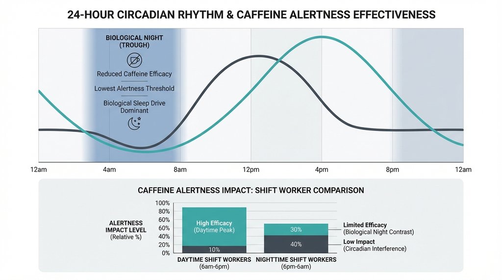 Infographic showing circadian rhythm vs caffeine effectiveness at night