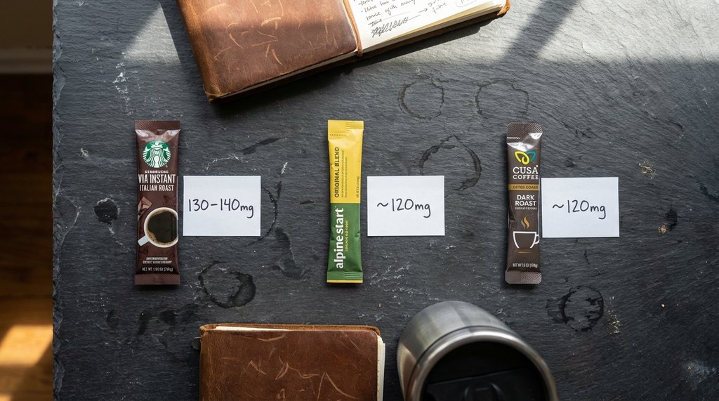 Flat lay of top-ranked instant coffee packets with caffeine labels