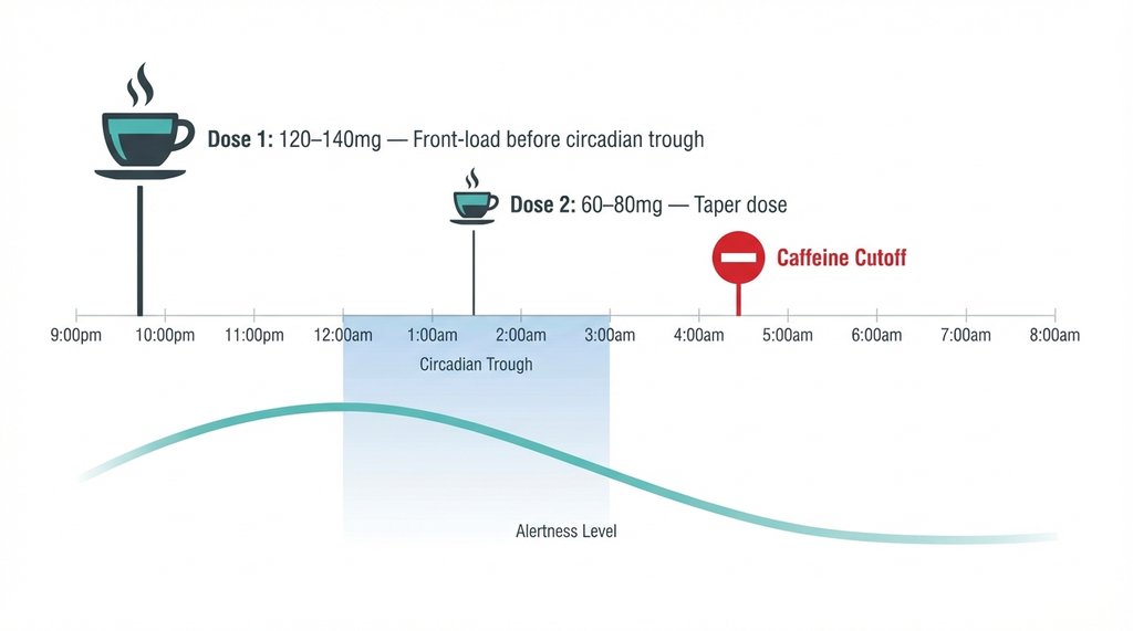 Timeline infographic of caffeine dosing strategy across a 12-hour night shift