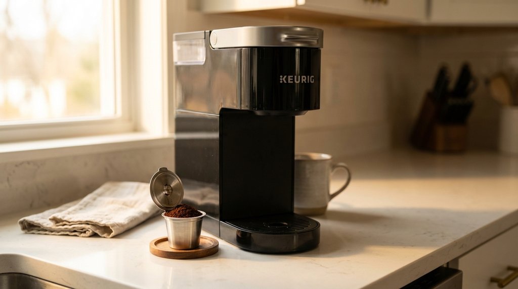 Keurig K-Supreme Plus machine with reusable pod on a kitchen counter