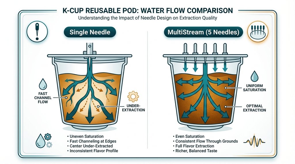 Infographic comparing MultiStream five-needle extraction versus single-needle extraction in a K-Cup pod