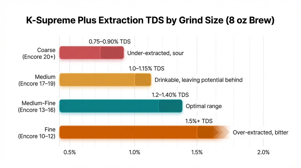 Bar chart showing TDS extraction percentage by grind size on the K-Supreme Plus