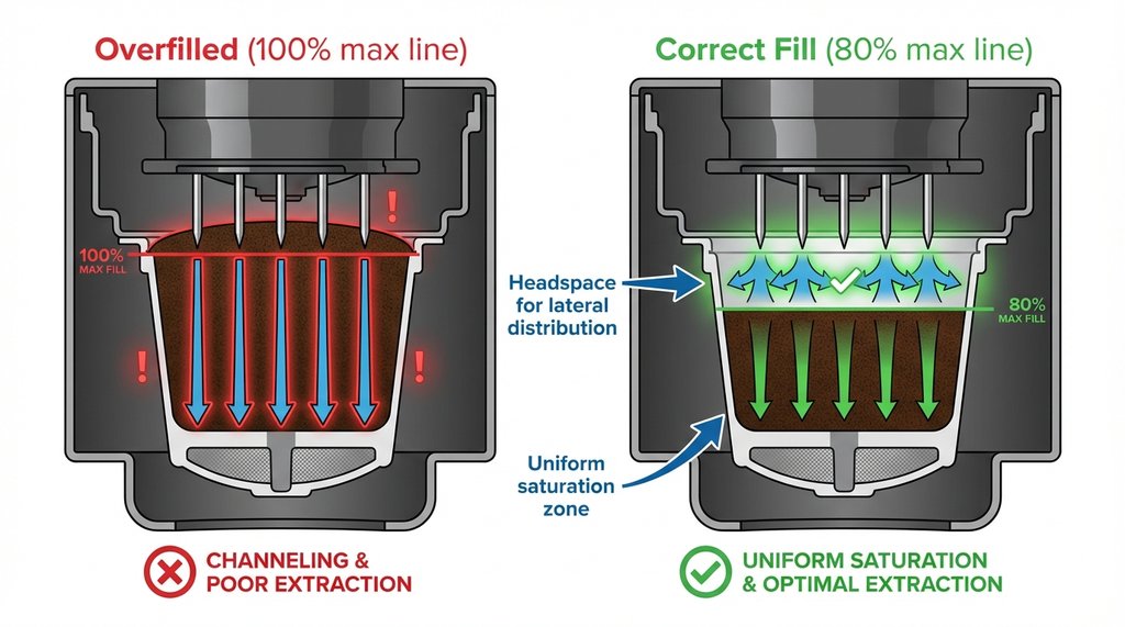 Diagram showing correct versus overfilled reusable K-Cup pod with water distribution patterns