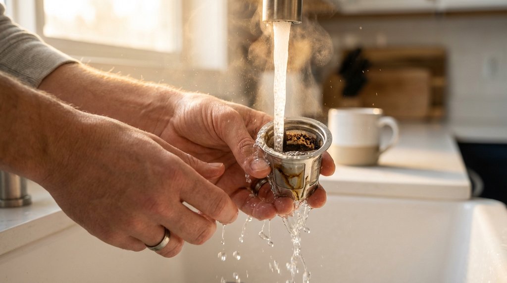 Close-up of a reusable K-Cup pod being rinsed under running water over a kitchen sink