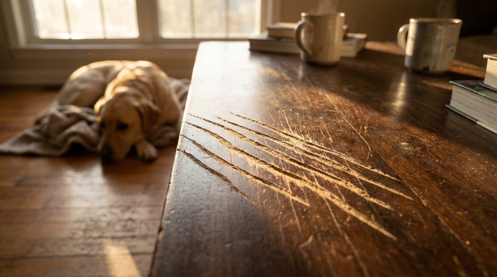 Scratched wood coffee table surface with a dog resting in the background