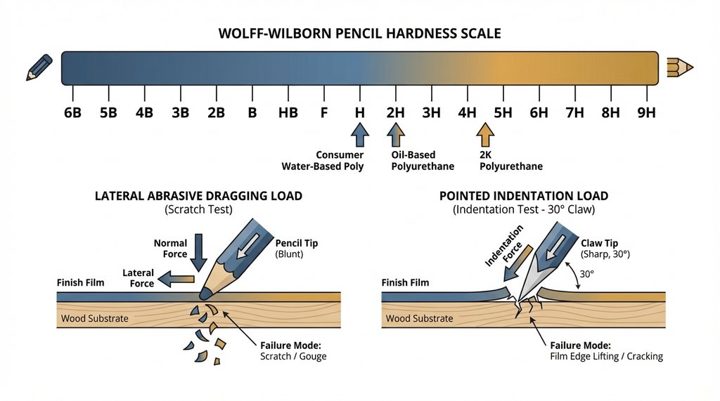 Infographic showing Wolff-Wilborn pencil hardness scale and claw load mechanics on wood finish film