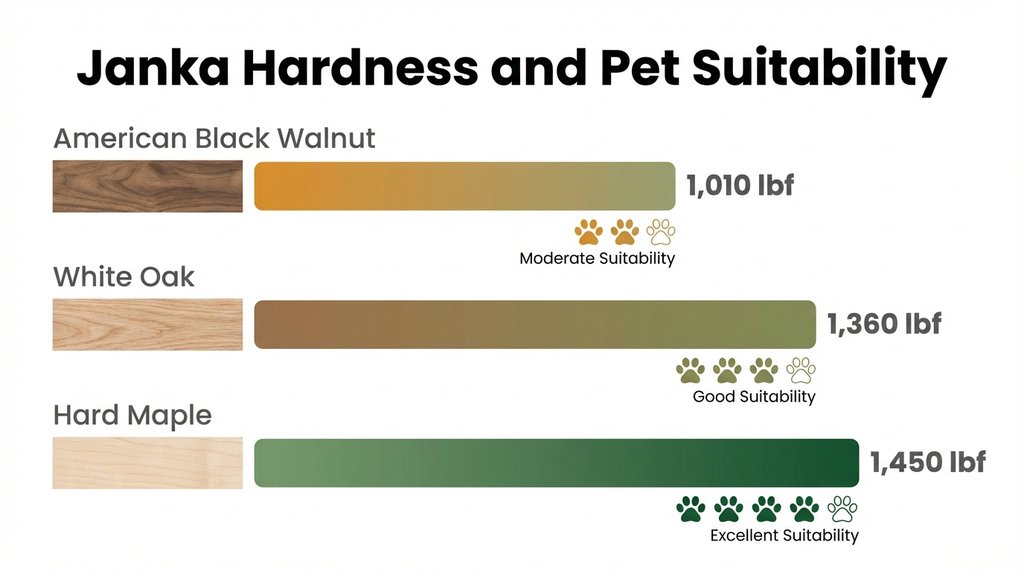 Bar chart comparing Janka hardness ratings of walnut, white oak, and hard maple for pet owners