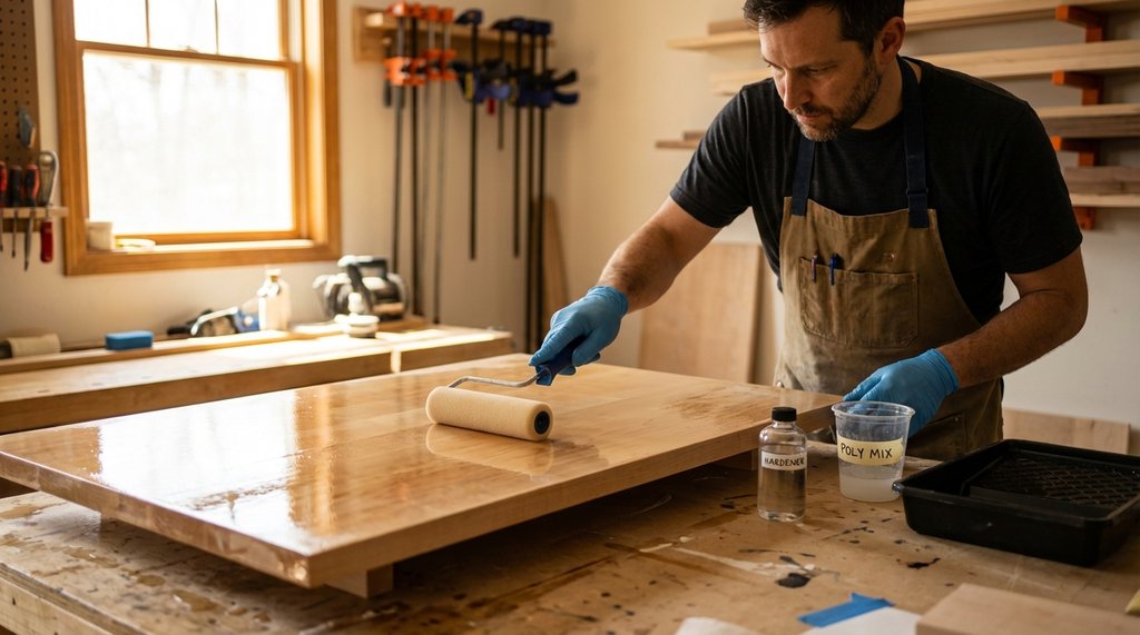 Woodworker applying two-component polyurethane finish to a hard maple coffee table in a workshop