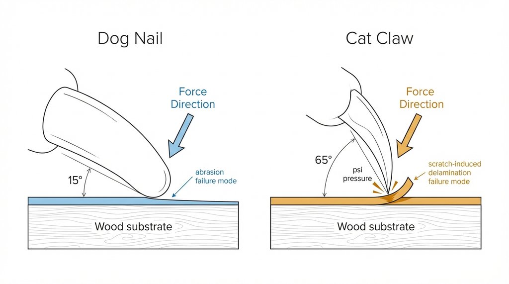 Technical diagram comparing dog nail abrasion versus cat claw delamination mechanics on wood finish cross-section