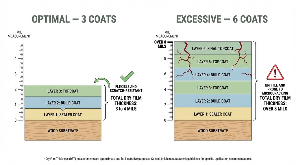 Infographic cross-section comparing optimal three-coat versus excessive six-coat wood finish thickness